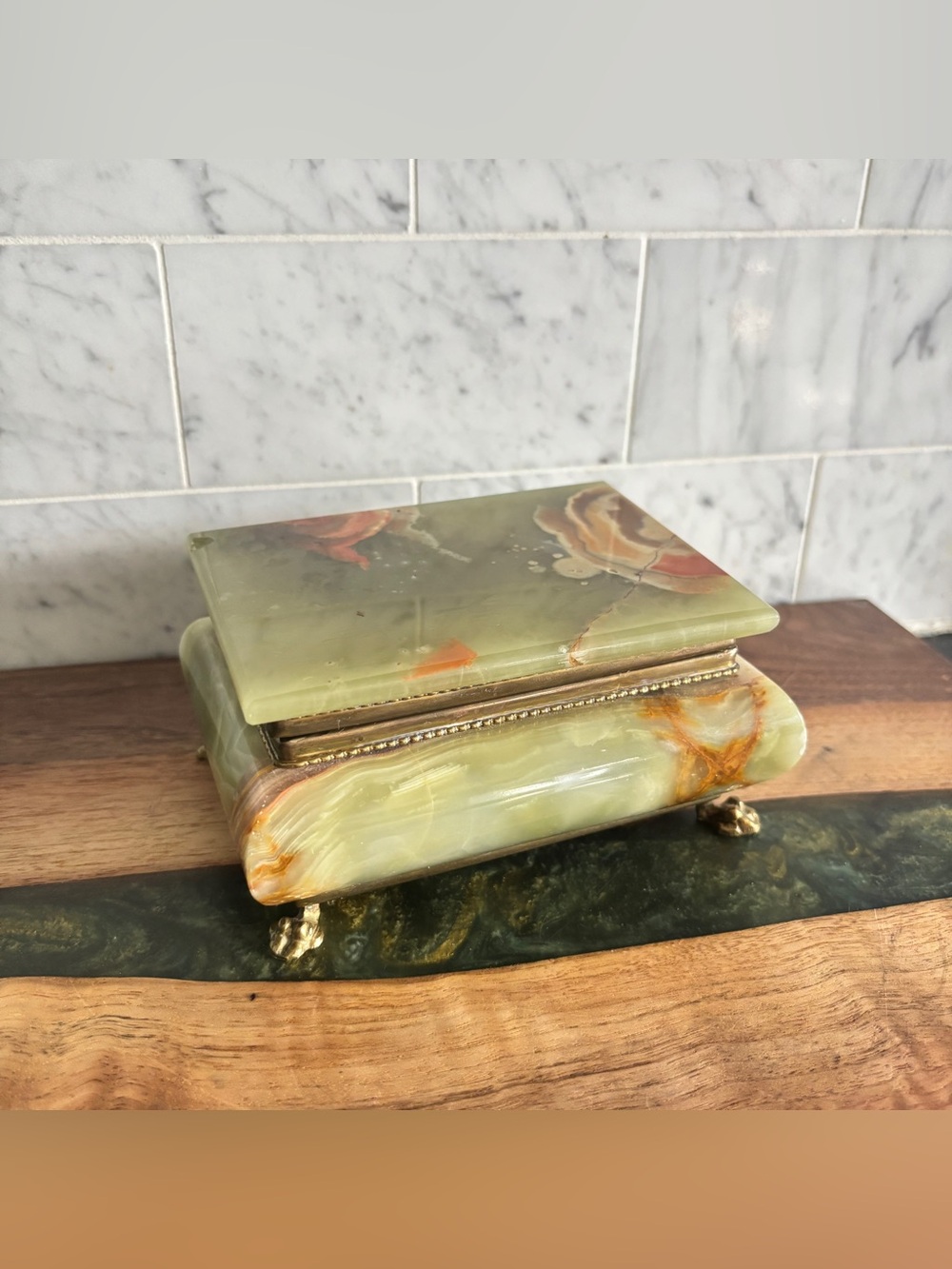 Vintage Green and Brown Marble Onyx Stone and Brass Footed Jewelry Trinket Box